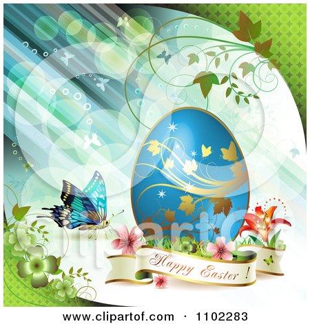 Clipart Happy Easter Banner With A Blue Egg And Butterfly - Royalty Free Vector Illustration by merlinul