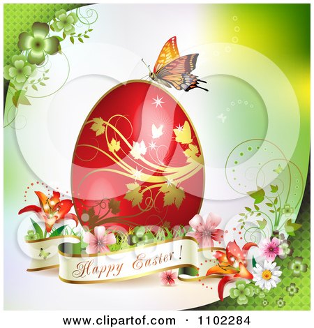 Clipart Happy Easter Banner With A Red Egg And Butterfly On Green 1 - Royalty Free Vector Illustration by merlinul
