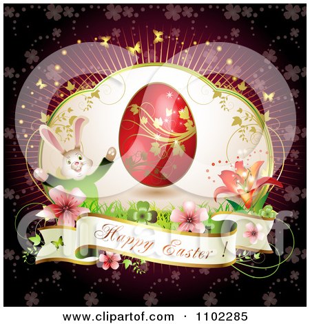 Clipart Happy Easter Banner With A Bunny Flowers And Red Egg - Royalty Free Vector Illustration by merlinul