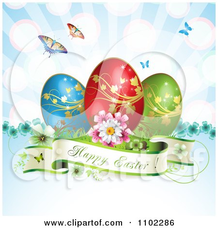 Clipart Happy Easter Banner With Three Eggs And Butterflies Over Blue Rays - Royalty Free Vector Illustration by merlinul