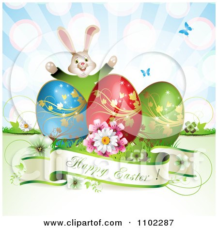 Clipart Happy Easter Greeting With Eggs A Bunny And Butterflies - Royalty Free Vector Illustration by merlinul