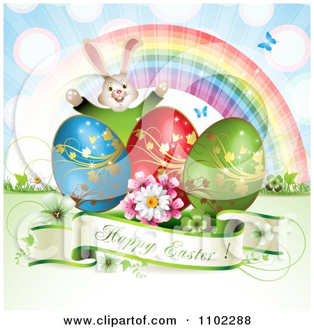 Clipart Happy Easter Greeting With Eggs A Bunny Rainbow And Butterflies 2 - Royalty Free Vector Illustration by merlinul