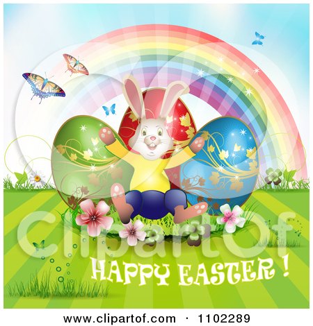 Clipart Happy Easter Greeting With Eggs A Bunny Rainbow And Butterflies 1 - Royalty Free Vector Illustration by merlinul