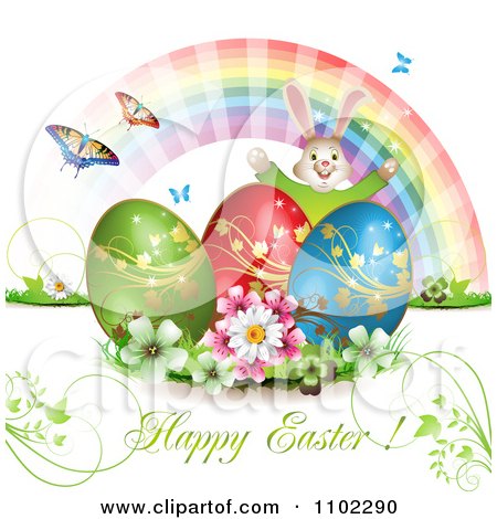 Clipart Happy Easter Greeting With Eggs A Bunny Rainbow And Butterflies 3 - Royalty Free Vector Illustration by merlinul