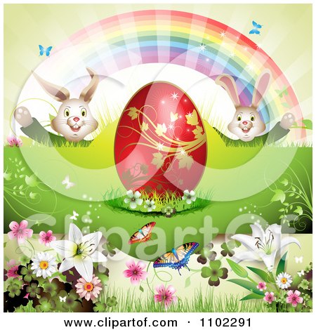 Clipart Red Easter Egg Bunnies Rainbow And Butterflies 1 - Royalty Free Vector Illustration by merlinul