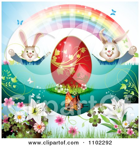 Clipart Red Easter Egg Bunnies Rainbow And Butterflies 2 - Royalty Free Vector Illustration by merlinul