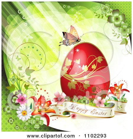 Clipart Happy Easter Banner With A Red Egg And Butterfly Over Green - Royalty Free Vector Illustration by merlinul