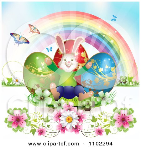 Clipart Easter Eggs A Bunny Rainbow And Butterflies - Royalty Free Vector Illustration by merlinul