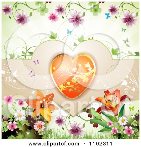 Clipart Butterfly Flowers And Heart Valentines Day Background - Royalty Free Vector Illustration by merlinul