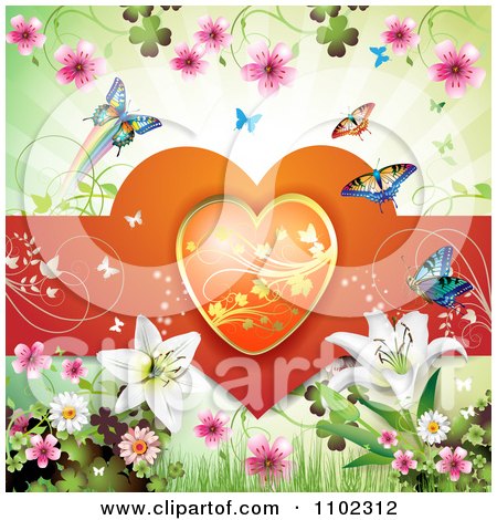 Clipart Butterfly Daisy Lilies And Heart Valentines Day Background - Royalty Free Vector Illustration by merlinul