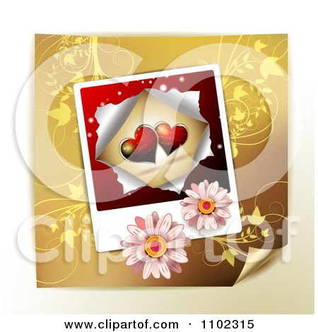 Clipart Heart Instant Photo With Daisies Over Gold Floral - Royalty Free Vector Illustration by merlinul