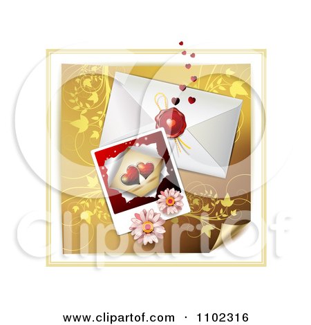 Clipart Heart Instant Photo With An Envelope And Daisies Over Gold Floral 1 - Royalty Free Vector Illustration by merlinul