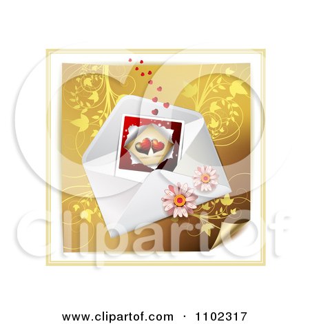 Clipart Heart Instant Photo With An Envelope And Daisies Over Gold Floral 2 - Royalty Free Vector Illustration by merlinul