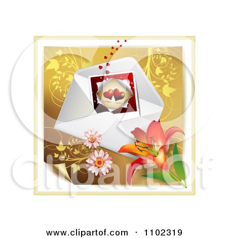 Clipart Heart Instant Photo With An Envelope And Daisies Over Gold Floral 3 - Royalty Free Vector Illustration by merlinul