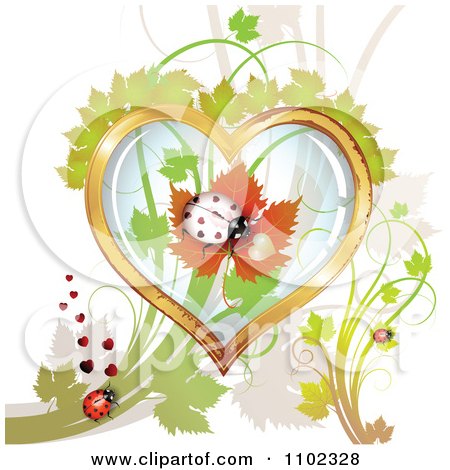Clipart White Heart Spotted Ladybug In A Glass Frame Over Foliage - Royalty Free Vector Illustration by merlinul