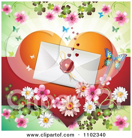 Clipart Butterfly Daisy Blossom Love Letter And Heart Picture Valentines Day Background - Royalty Free Vector Illustration by merlinul
