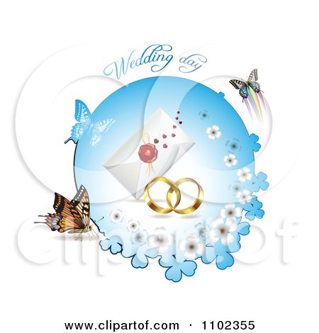 Clipart Wedding Day Text Over Bands A Letter And Butterflies With A Blue Clover Circle - Royalty Free Vector Illustration by merlinul