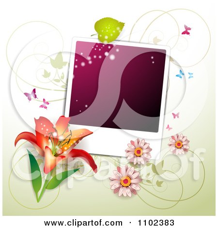 Clipart Butterfly Purple Instant Photo And Floral Background - Royalty Free Vector Illustration by merlinul