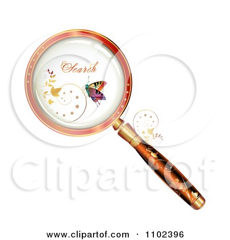 Clipart 3d Floral Handled Magnifying Glass With Search Text And A Butterfly - Royalty Free Vector Illustration by merlinul