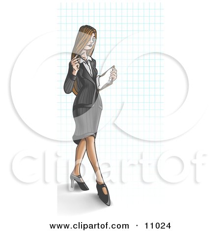 Young, Long Haired Business Woman Over a Grid Background Clipart Illustration by Leo Blanchette