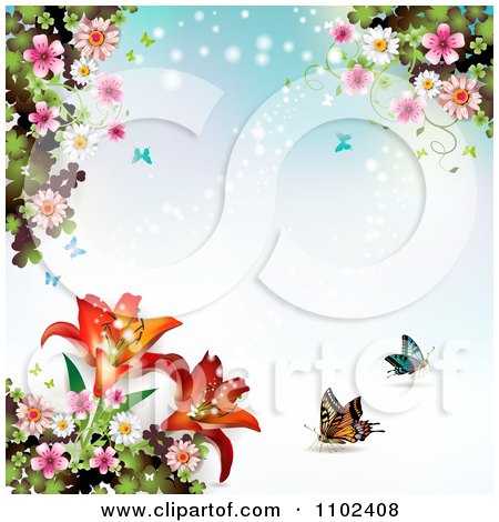 Clipart Blue Butterfly Blossom And Lily Background - Royalty Free Vector Illustration by merlinul