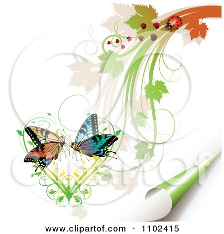 Clipart Butterfly Pair Over A Vine Heart With Foliage A Ladybug And Turning Page - Royalty Free Vector Illustration by merlinul