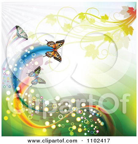 Clipart Butterflies With Magical Trails Foliage And Copyspace - Royalty Free Vector Illustration by merlinul