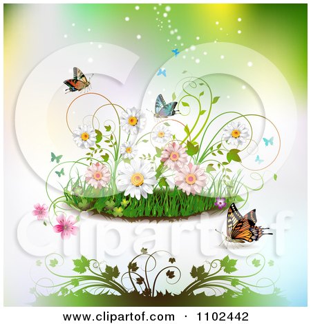 Clipart Butterfly Grass And Spring Flower Background 3 - Royalty Free Vector Illustration by merlinul