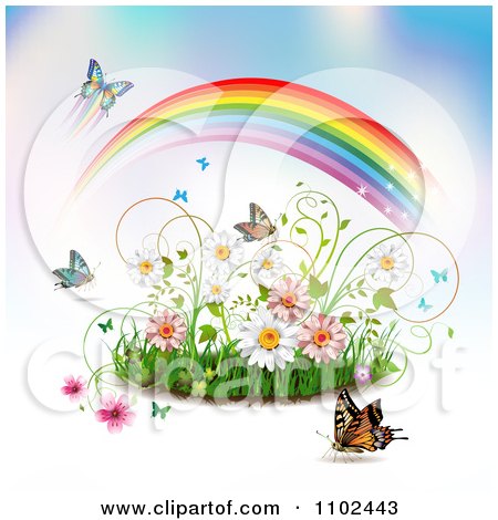 Clipart Butterfly Rainbow Grass And Spring Flower Background - Royalty Free Vector Illustration by merlinul