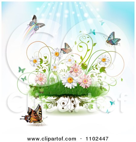 Clipart Butterfly Grass And Spring Flower Background 1 - Royalty Free Vector Illustration by merlinul