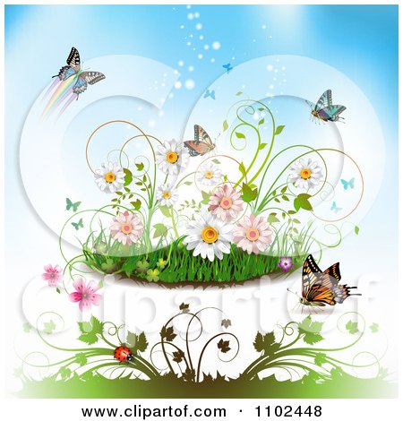 Clipart Butterfly Grass And Spring Flower Background 2 - Royalty Free Vector Illustration by merlinul