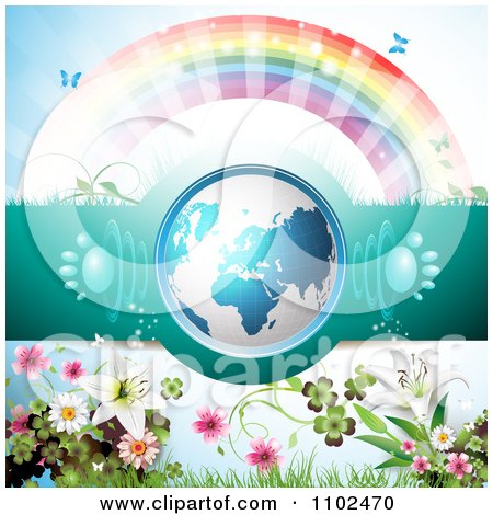 Clipart 3d Blue Globe With Paw Print Sound Waves Under A Rainbow With Flowers - Royalty Free Vector Illustration by merlinul