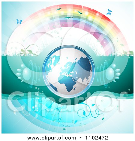 Clipart 3d Blue Globe With Paw Print Sound Waves Under A Rainbow - Royalty Free Vector Illustration by merlinul