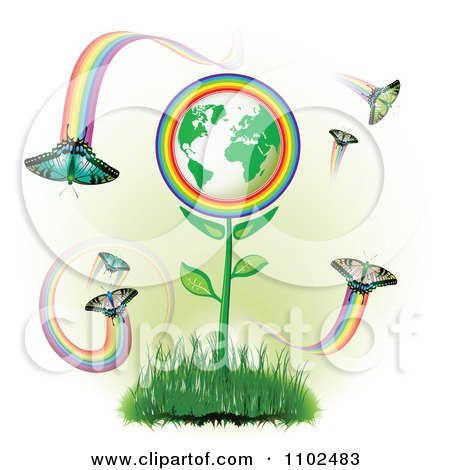 Clipart Butterflies And Rainbows Around A Flower Globe - Royalty Free Vector Illustration by merlinul