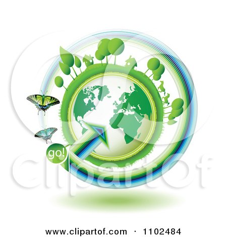 Clipart Butterflies With A Go Arrow Around A Green Globe With Tress Horses And Homes On Top - Royalty Free Vector Illustration by merlinul
