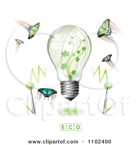 Clipart Renewable Green Energy Light Bulb With Butterflies And Rainbows 1 - Royalty Free Vector Illustration by merlinul