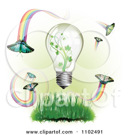 Clipart Renewable Green Energy Light Bulb With Butterflies And Rainbows 2 - Royalty Free Vector Illustration by merlinul