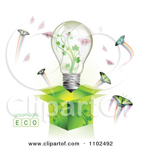 Clipart Renewable Green Energy Light Bulb In A Box With Butterflies 1 - Royalty Free Vector Illustration by merlinul