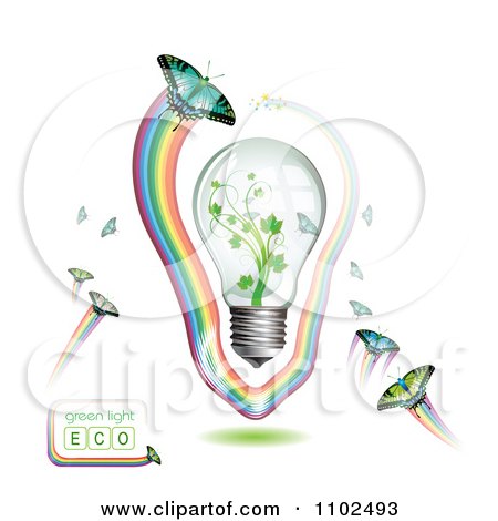 Clipart Renewable Green Energy Light Bulb With Butterflies And Rainbows 4 - Royalty Free Vector Illustration by merlinul