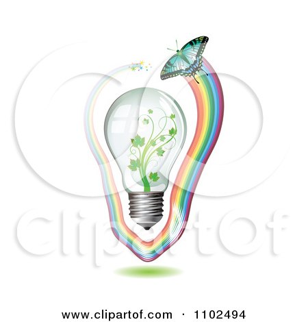 Clipart Renewable Green Energy Light Bulb With Butterflies And Rainbows 5 - Royalty Free Vector Illustration by merlinul