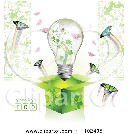 Clipart Renewable Green Energy Light Bulb In A Box With Butterflies 2 - Royalty Free Vector Illustration by merlinul