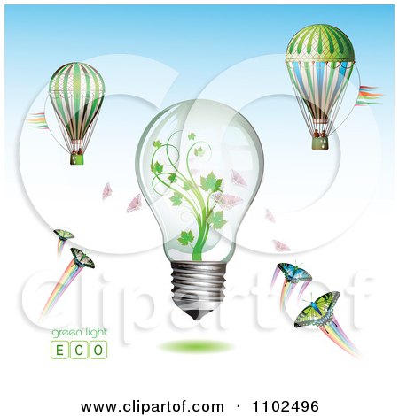Clipart Renewable Green Energy Light Bulb With Hot Air Balloons And Butterflies - Royalty Free Vector Illustration by merlinul