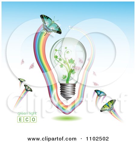 Clipart Renewable Green Energy Light Bulb With Butterflies And Rainbows 3 - Royalty Free Vector Illustration by merlinul