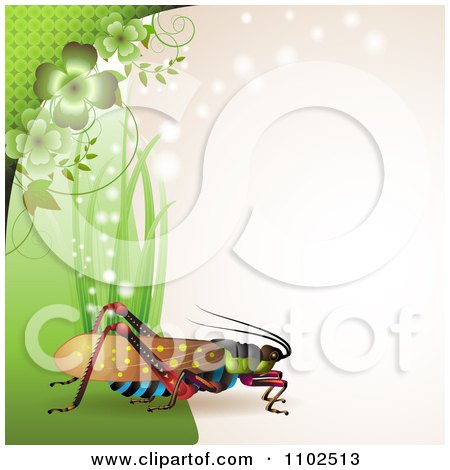 Clipart Locust Cricket Or Grasshopper With Grass And Clovers On Beige - Royalty Free Vector Illustration by merlinul
