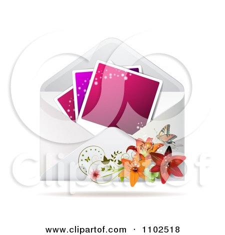 Clipart Three Instant Photos In An Envelope With Lilies And A Butterfly - Royalty Free Vector Illustration by merlinul