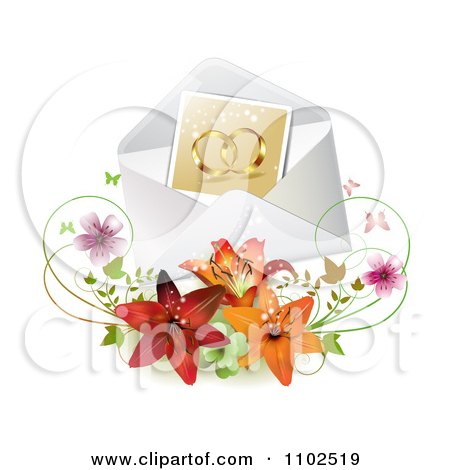 Clipart Photo Of Gold Wedding Bands In An Envelope With Butterflies Blossoms And Lilies - Royalty Free Vector Illustration by merlinul