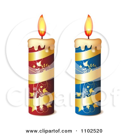 Clipart 3d Red And Blue Gold Striped Floral Candles - Royalty Free Vector Illustration by merlinul