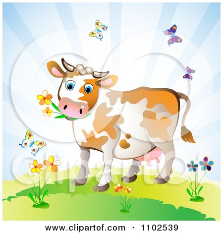 Clipart Cow Eating Flowers And Surrounded By Butterflies - Royalty Free Vector Illustration by merlinul