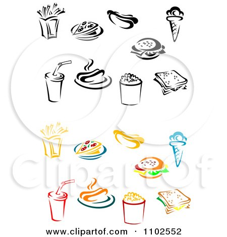 Clipart Colored And Black And White Fries Pizza Hot Dog Ice Cream Burger Soda Popcorn And Sandwich - Royalty Free Vector Illustration by Vector Tradition SM
