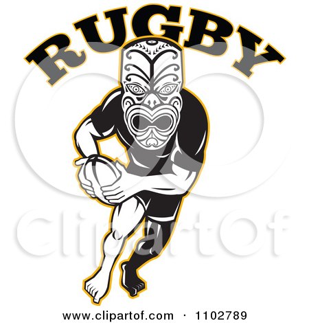 Clipart Yellow Black And White Maori Warrior Rugby Player Under Text - Royalty Free Vector Illustration by patrimonio